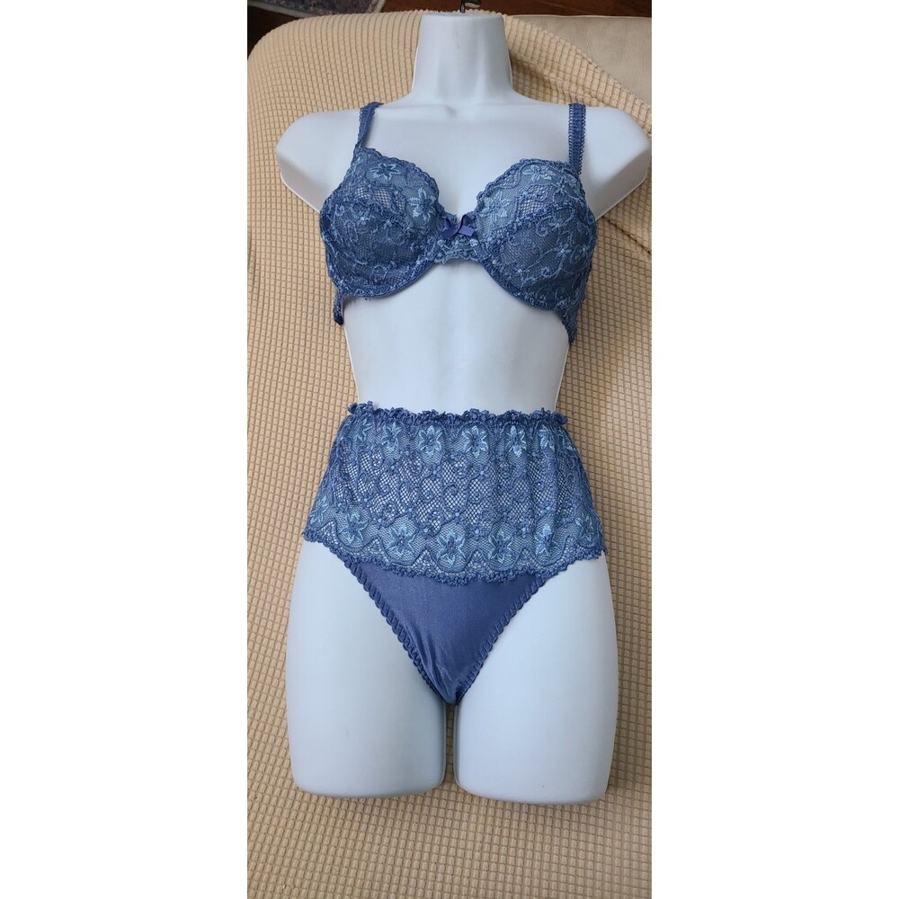 Passionata Blue Lace Made In France 34C Bra XS High Waisted Panty Set New